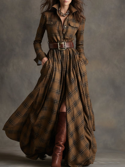 Robe chemise longue à carreaux marron et beige, ceinture à boucle, jupe ample