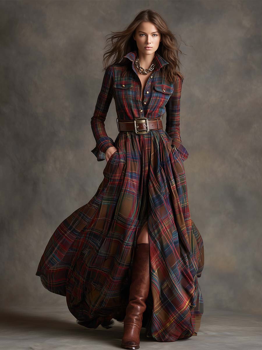 Robe chemise longue à carreaux rouge, bleu et vert, ceinture à boucle