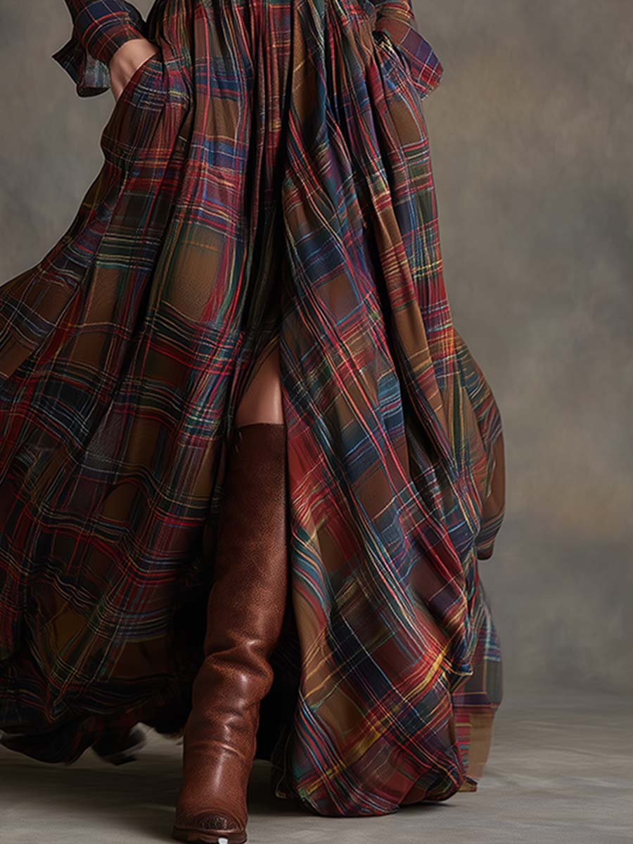 Robe longue à carreaux bleu et vert, jupe ample évasée, ceinture à boucle