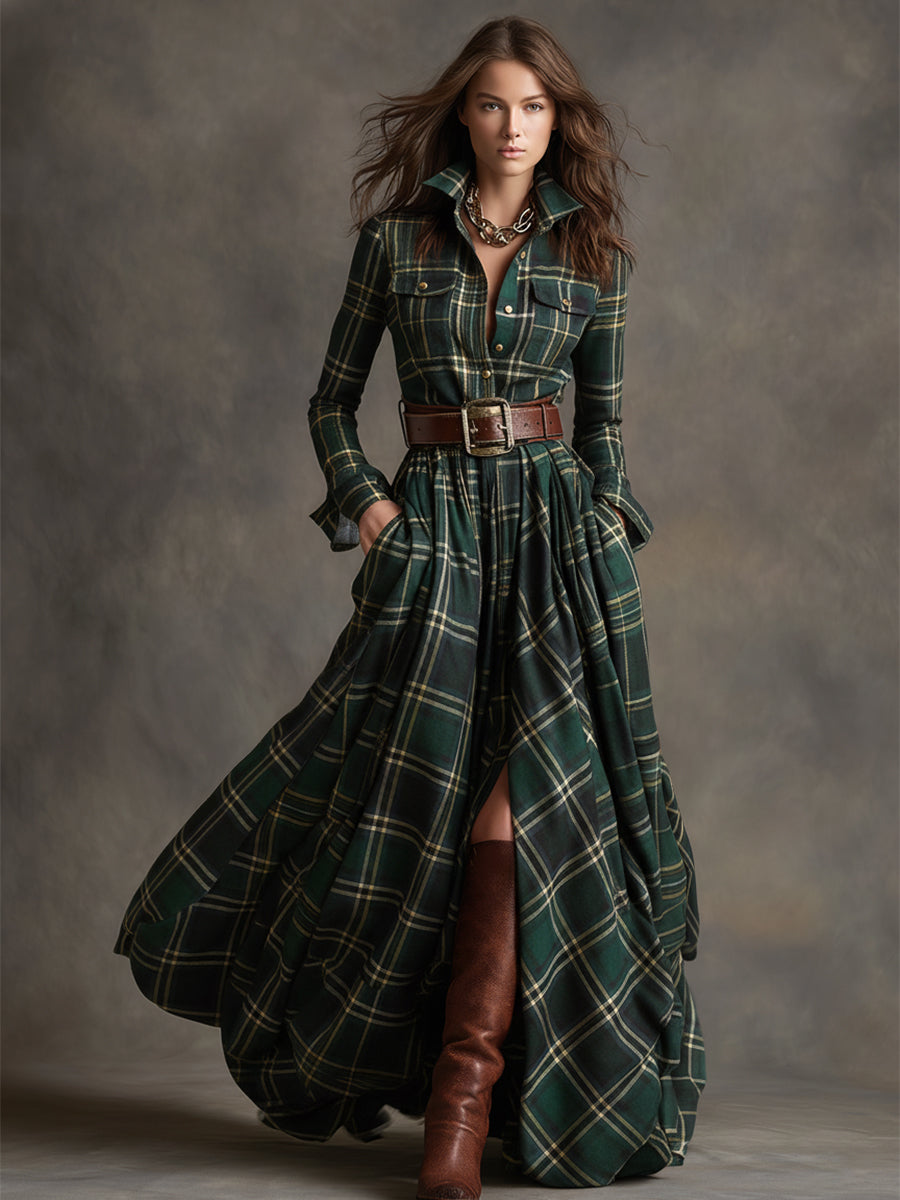 Robe chemise longue à carreaux vert, ceinture en cuir à boucle, manches longues