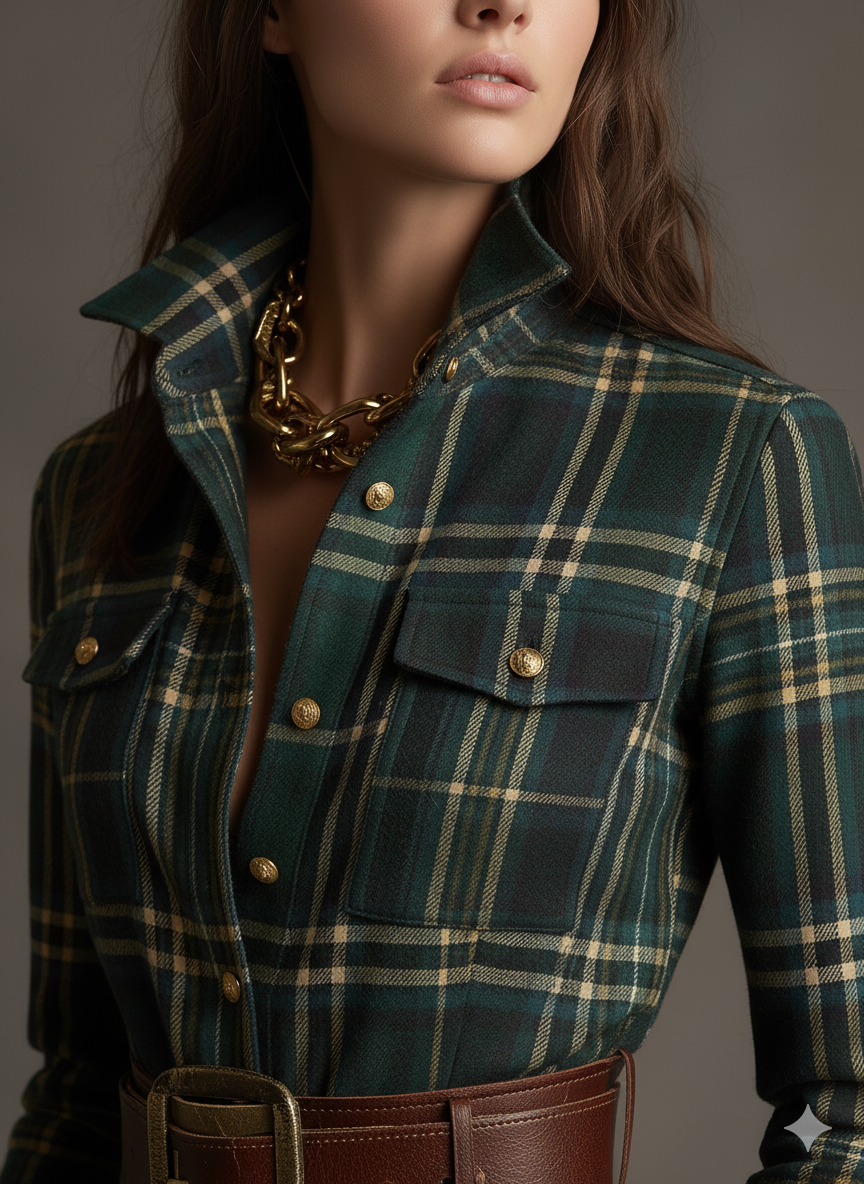 Robe chemise à carreaux vert foncé, col boutonné et poches, ceinture en cuir