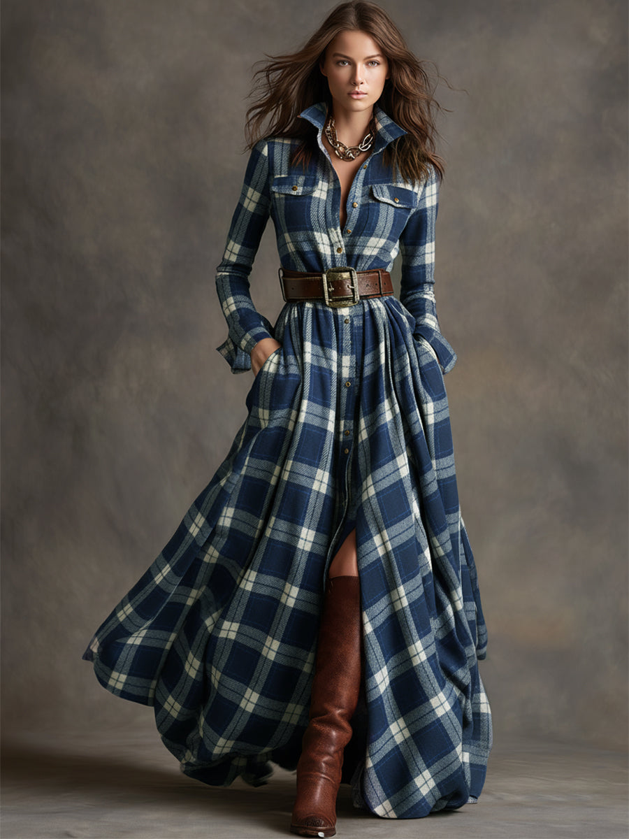 Robe chemise longue à carreaux bleu et blanc, ceinture à boucle, fente avant