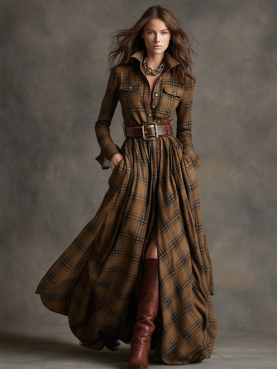 Robe chemise longue à carreaux marron et beige, ceinture à boucle, jupe ample