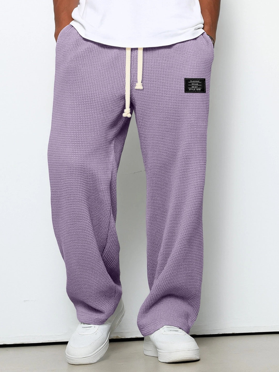 Pantalon Leblanc™ pour homme violet, taille à cordon, coupe ample, poches latérales visibles