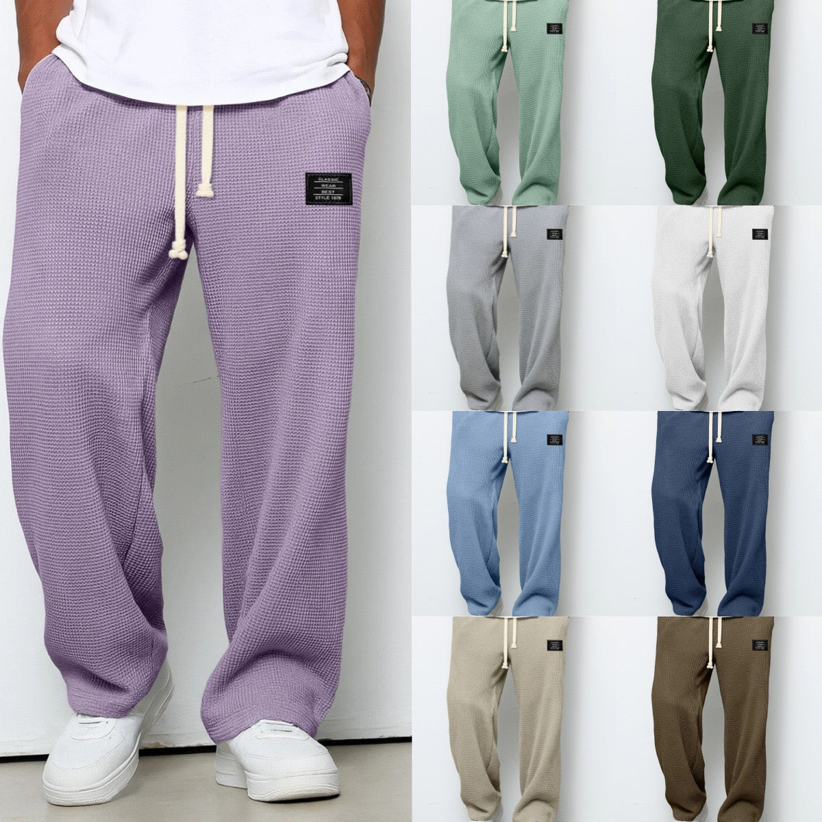Pantalon pour hommes à coupe confortable violet, taille à cordon, devant fendu, étiquette.