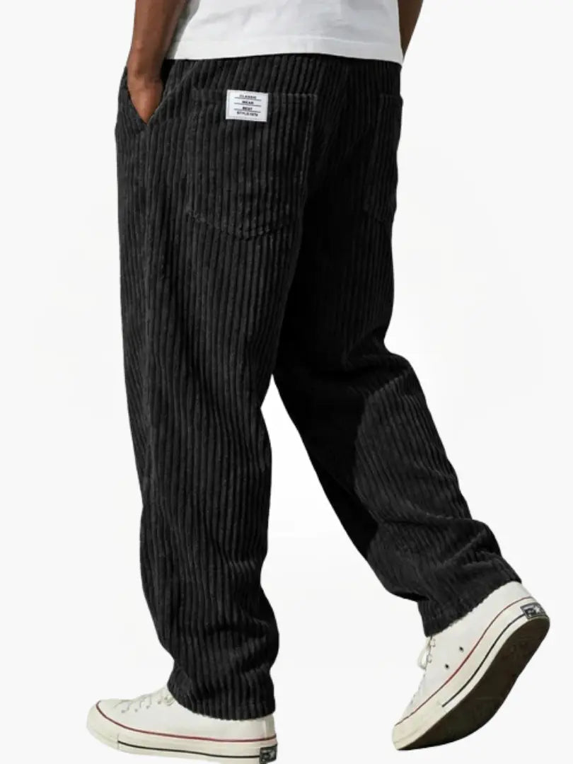 Pantalon en velours côtelé noir pour homme, coupe droite, texture côtelée fine