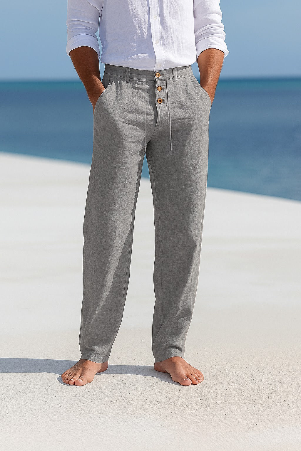 Pantalon d’été en lin léger gris, fermeture boutonnée, poches et cordon