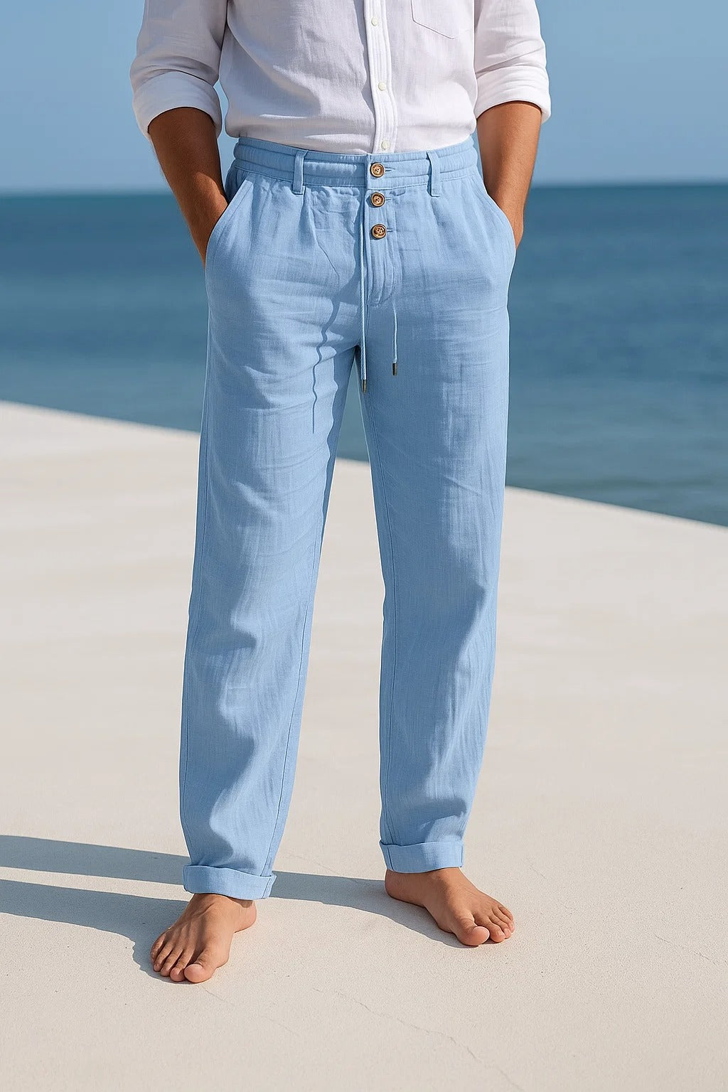 Pantalon d’été en lin léger bleu clair, taille à cordon, poches et boutons