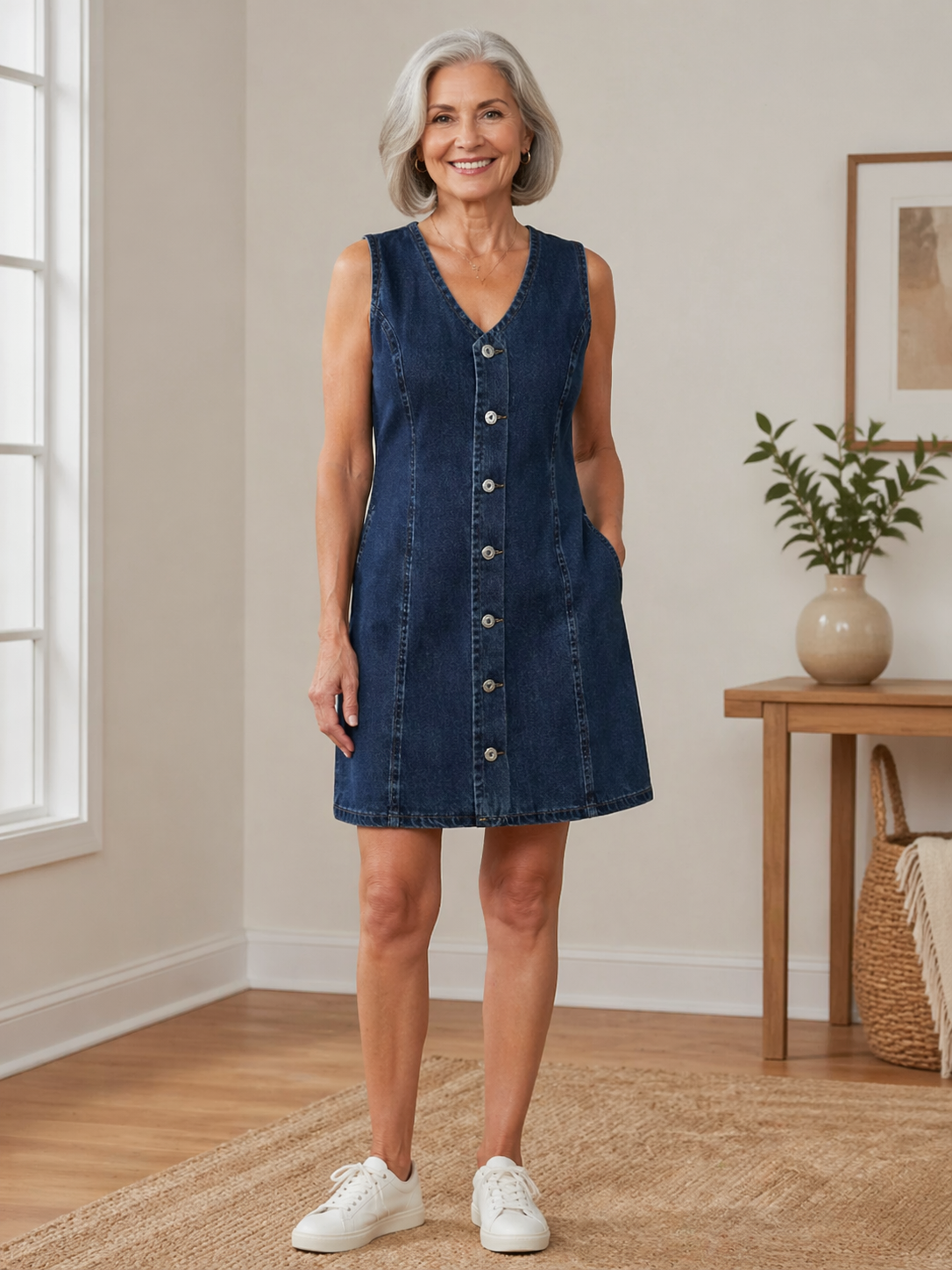 Mini-robe en jean marine sans manches, encolure V, boutons devant.