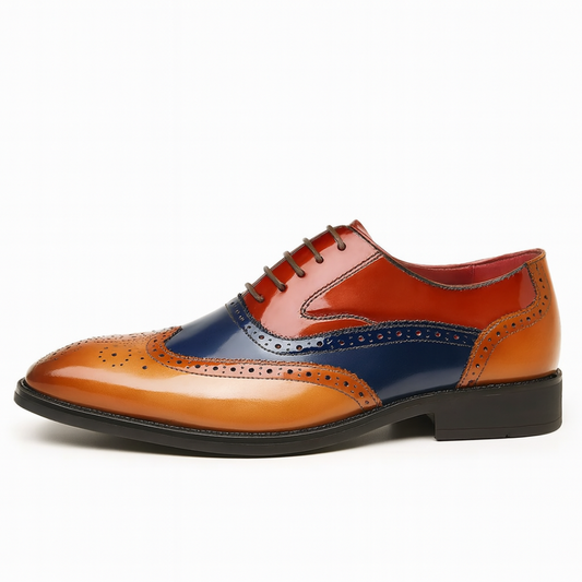 Chaussures brogues wingtip vintage en cuir orange, bleu et rouge, lacets et perforations
