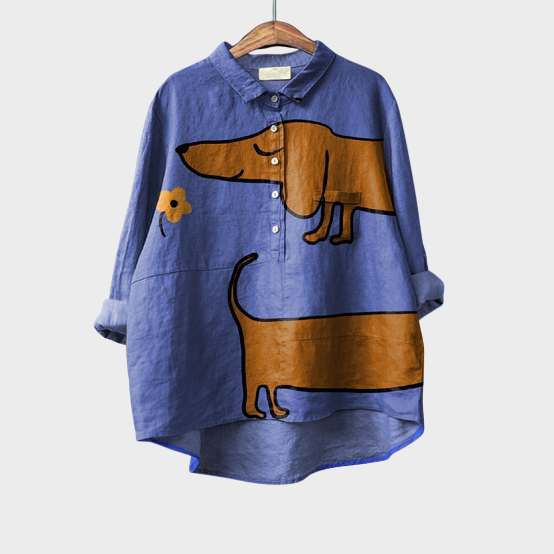 Chemise bleu foncé à col boutonné, manches longues, motif chien et fleur, poche