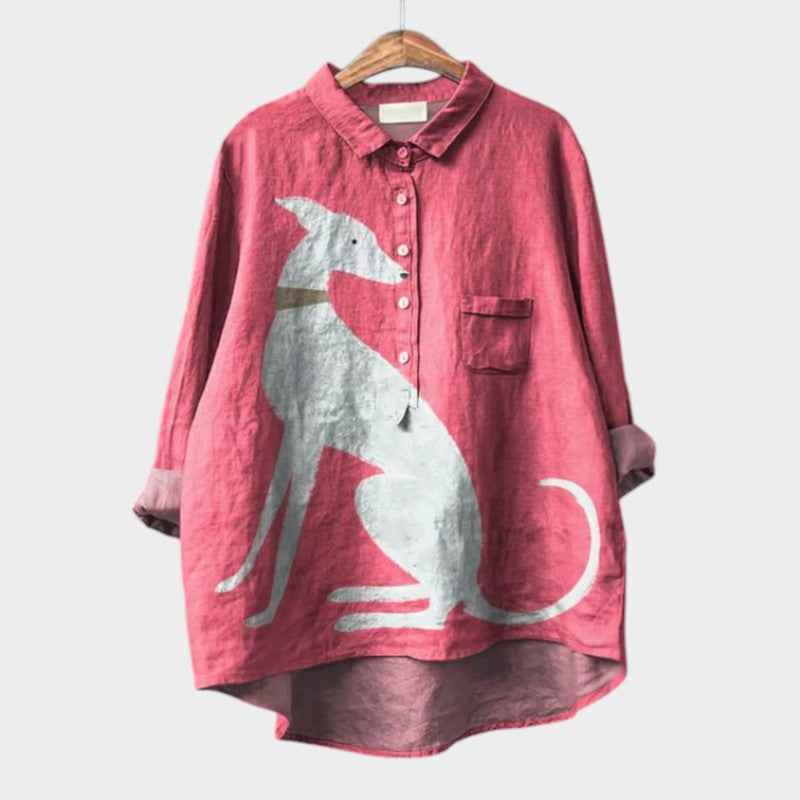 Chemise rose à col boutonné, manches longues, poche poitrine, grand motif animal