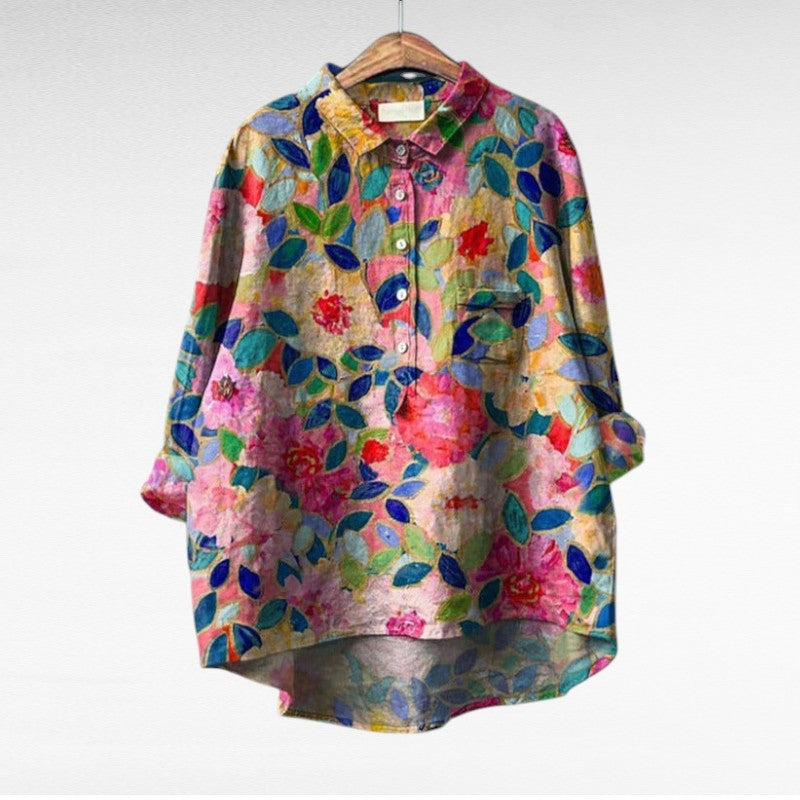 Chemisier en lin multicolore, col chemise, boutons, motif feuilles et fleurs très coloré