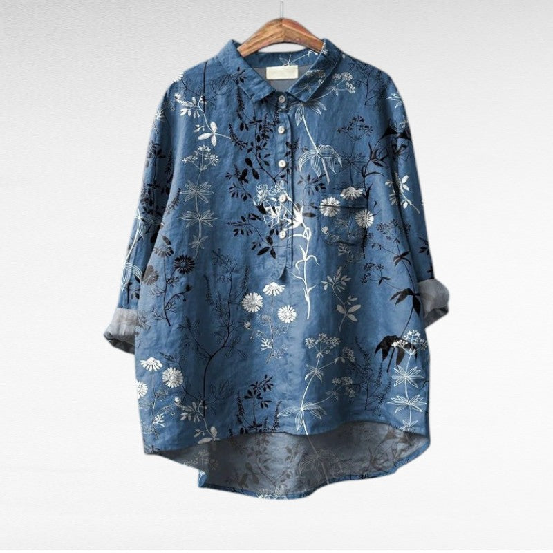 Chemisier en lin bleu nuit, col chemise, boutons, motif florales blanches