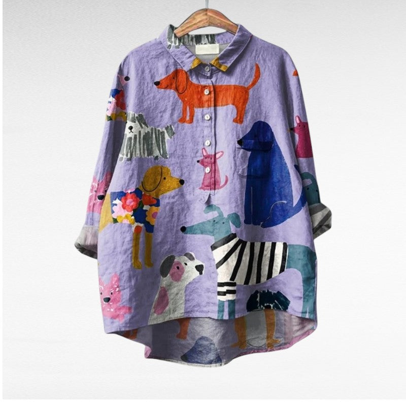 Chemisier en lin motif chiens multicolores, col chemise à boutons, manches longues.