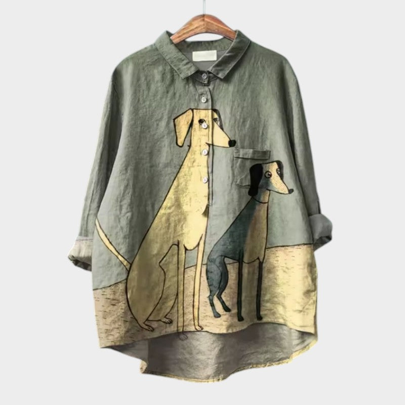 Chemisier en lin vert, motif chiens appliqués bicolores, col chemise à boutons.