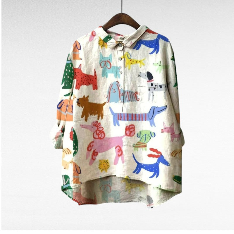 Chemisier en lin col chemise, motif animaux multicolores, boutons, coupe ample.