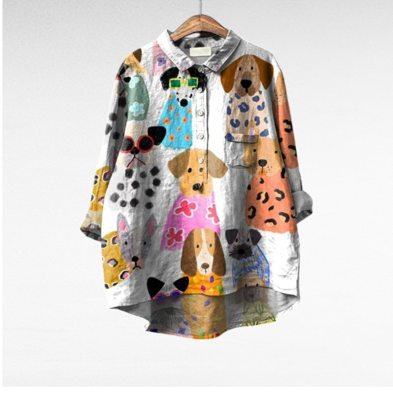 Chemisier en lin motif chiens colorés, col chemise à boutons, coupe ample.