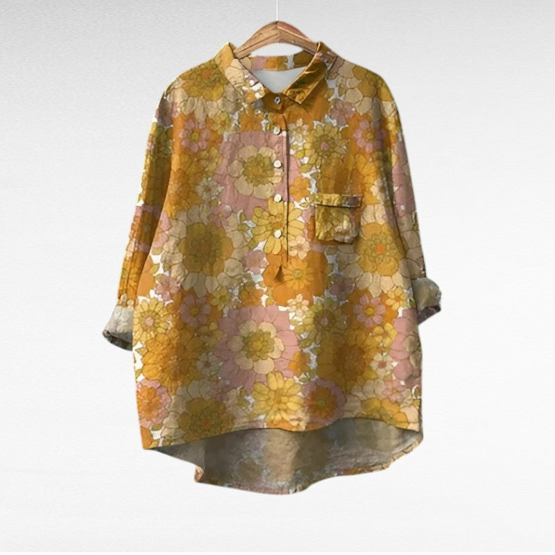 Blouse en lin Noémie, col chemise, manches trois-quarts, imprimé fleurs doré