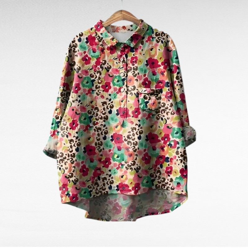 Blouse en lin Noémie, col chemise, manches trois-quarts, motif léopard fleuri