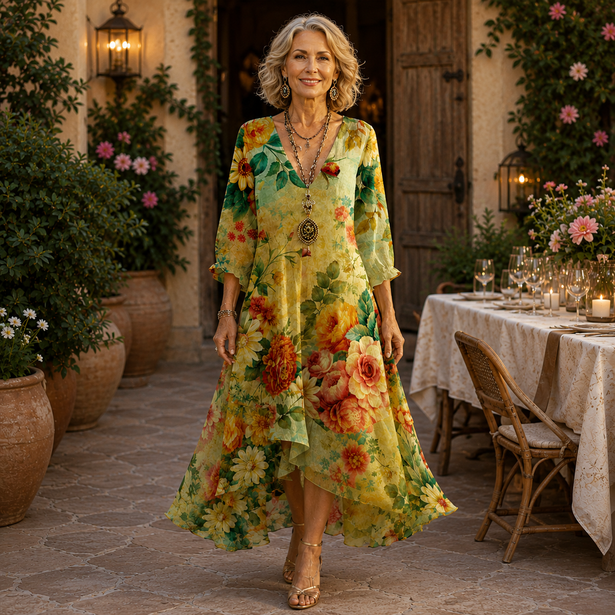 Robe midi multicolore à fleurs, manches trois-quarts, jupe évasée.
