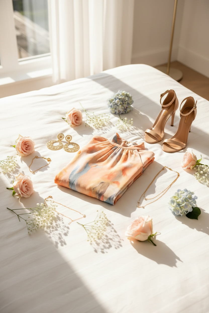 Robe imprimée orange et bleu posée à plat, encolure américaine, sans manches