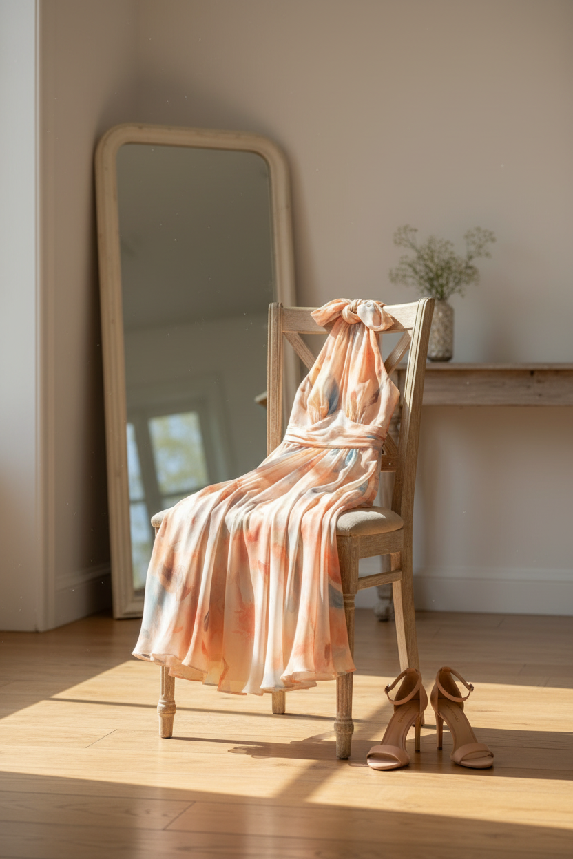 Robe sans manches à encolure américaine, imprimé orange et bleu, longueur midi