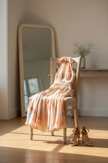 Robe sans manches à encolure américaine, imprimé orange et bleu, longueur midi