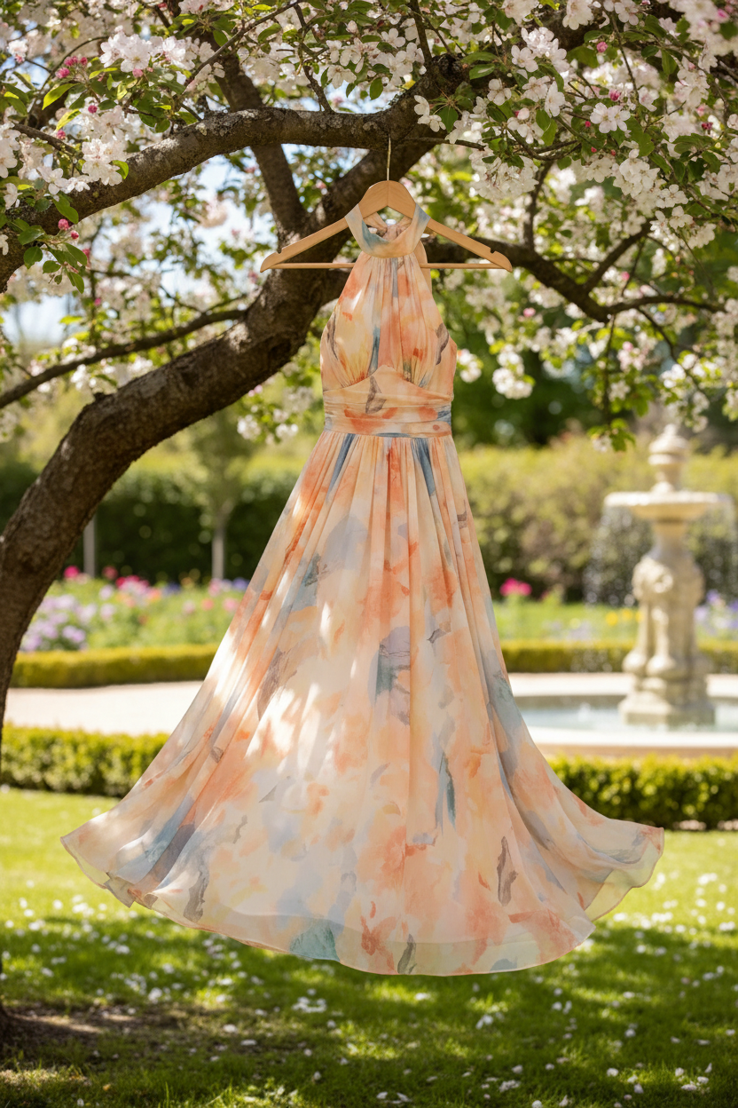 Robe longue fluide imprimée orange et bleu, encolure américaine, buste ceinturé