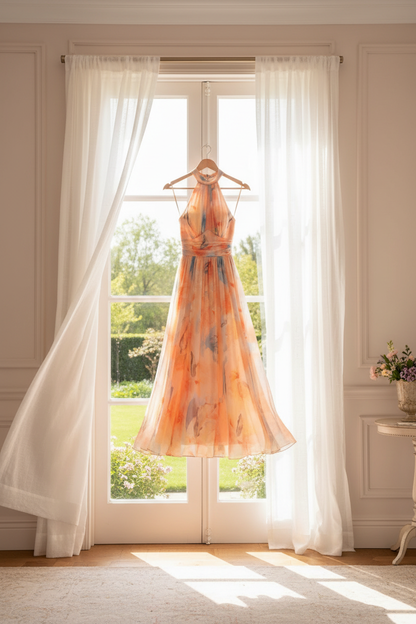 Robe suspendue en tissu léger, imprimé orange et bleu, encolure américaine