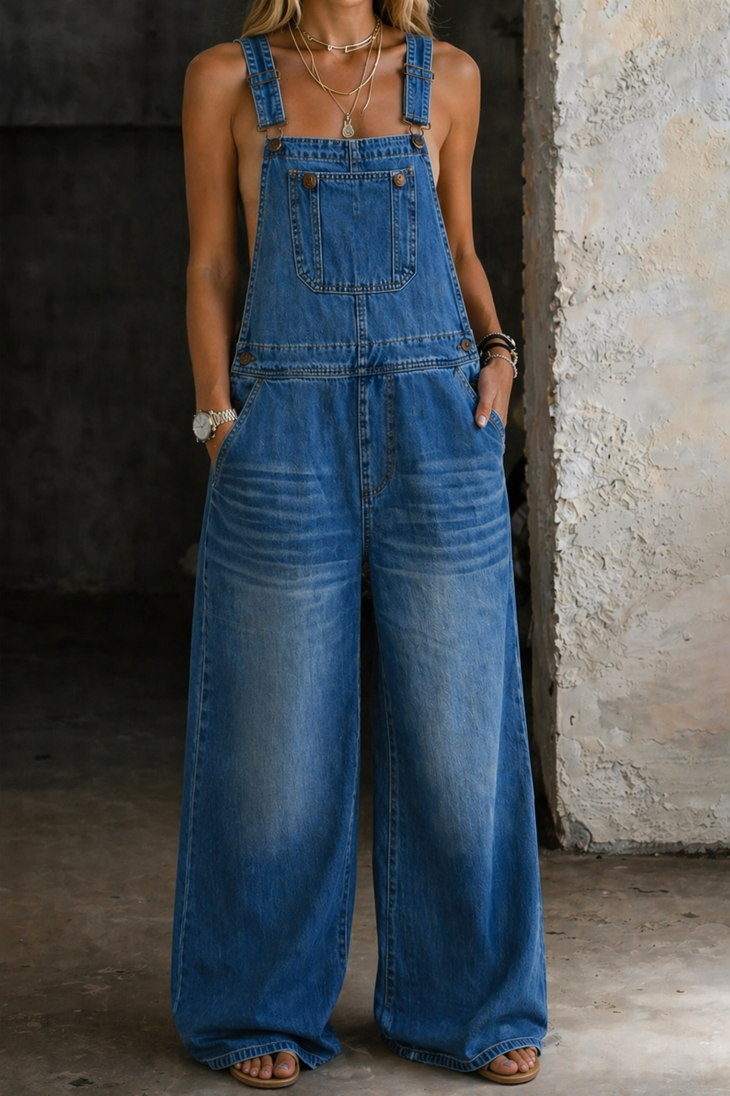 Salopette en jean bleu à bretelles, poches, taille élastique, jambes amples