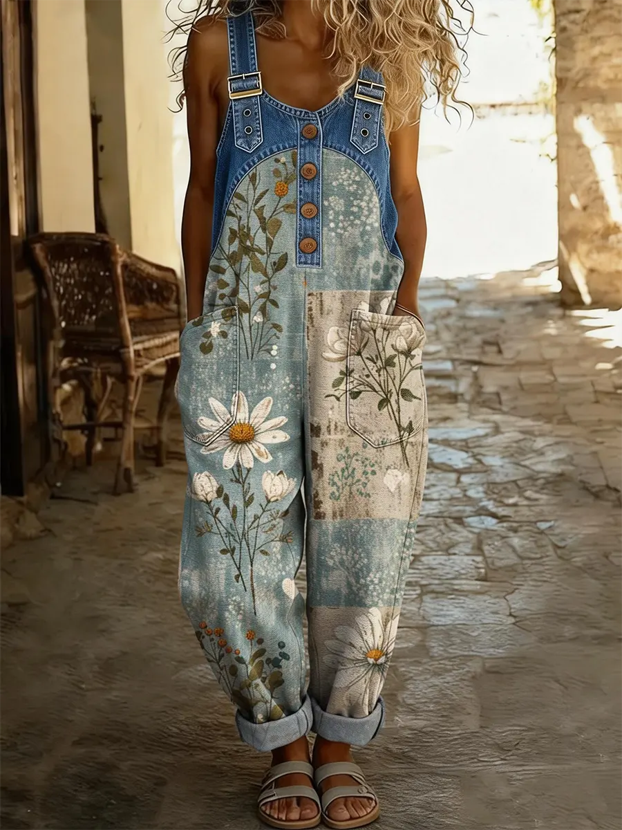 Combinaison-pantalon en jean patchwork bleu et vert, imprimé floral