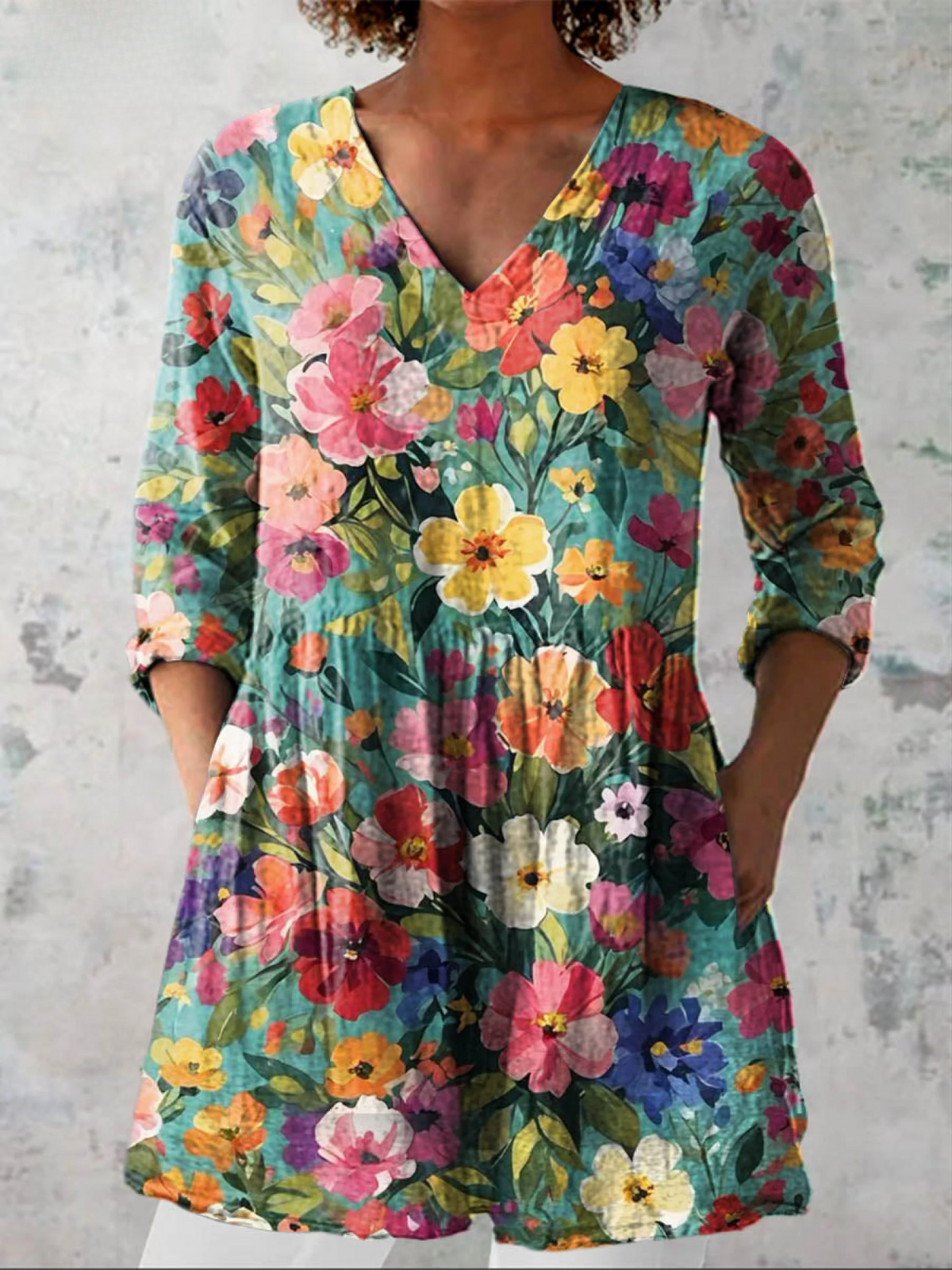 Blouse longue multicolore à col V, imprimé floral, manches longues bouffantes