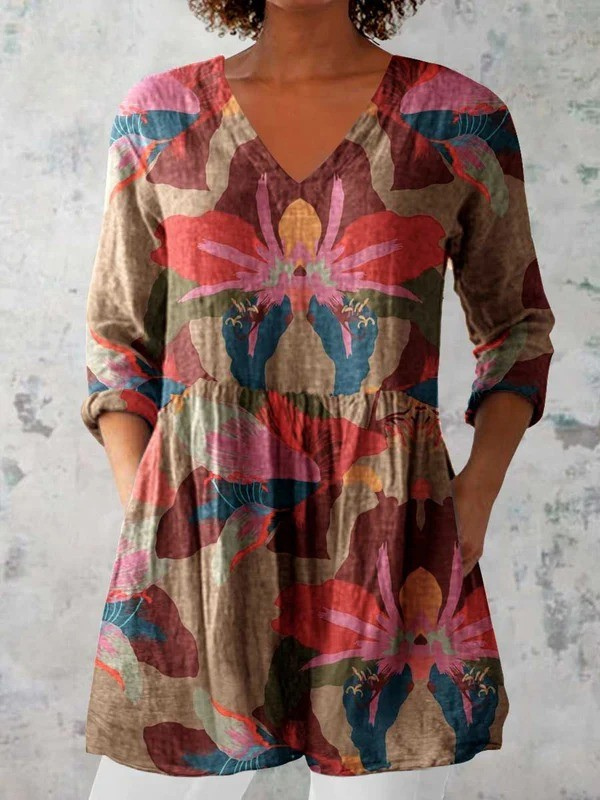 Blouse longue à col en V multicolore, manches longues, motif floral