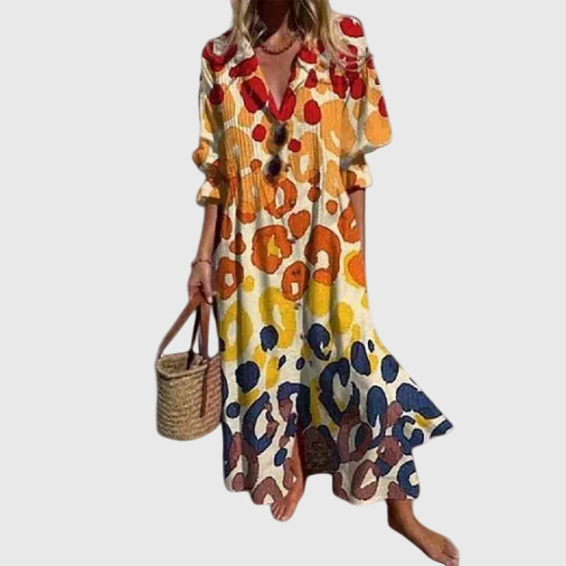 Robe maxi à imprimé abstrait jaune et bleu, encolure en V boutonnée, ourlet évasé