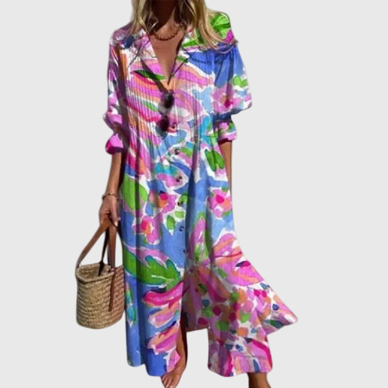 Robe maxi à imprimé coloré bleu, rose et vert, encolure en V, manches bouffantes