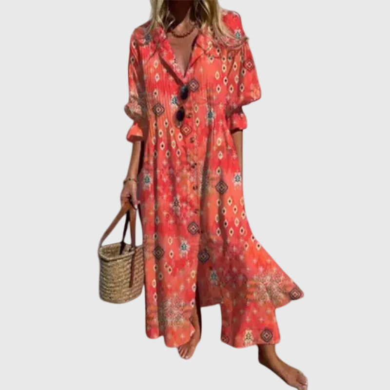 Robe maxi rouge à motifs, encolure en V boutonnée, manches courtes bouffantes