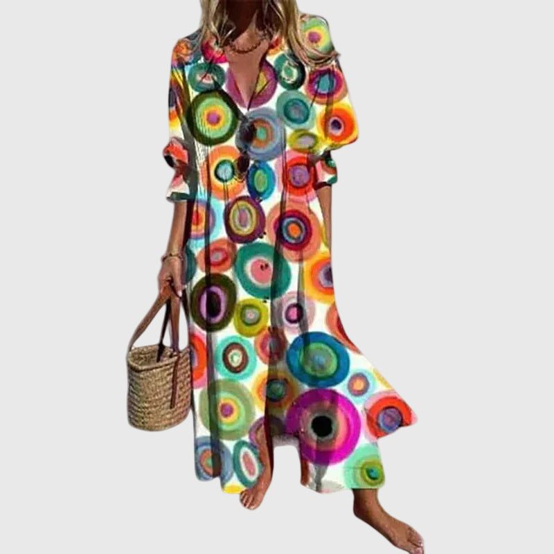 Robe maxi à imprimé cercles multicolores, encolure en V boutonnée, manches bouffantes