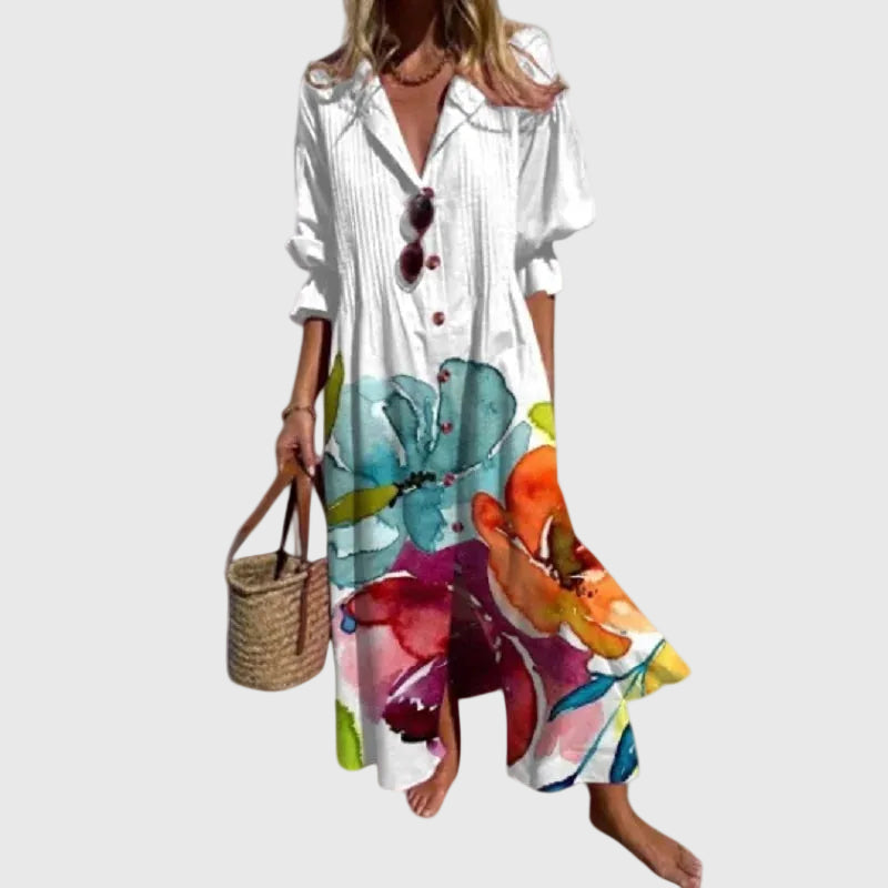 Robe maxi blanche à grand imprimé floral multicolore, encolure en V boutonnée, ourlet volanté