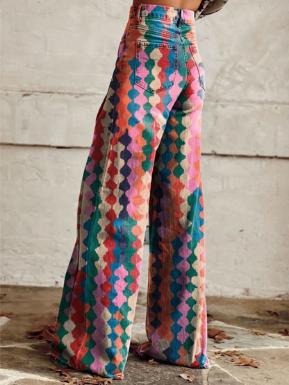 Pantalon ample bohème multicolore, taille smockée et jambes évasées