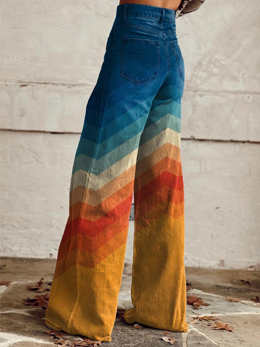 Pantalon rétro à chevrons multicolores, taille haute, jambes évasées