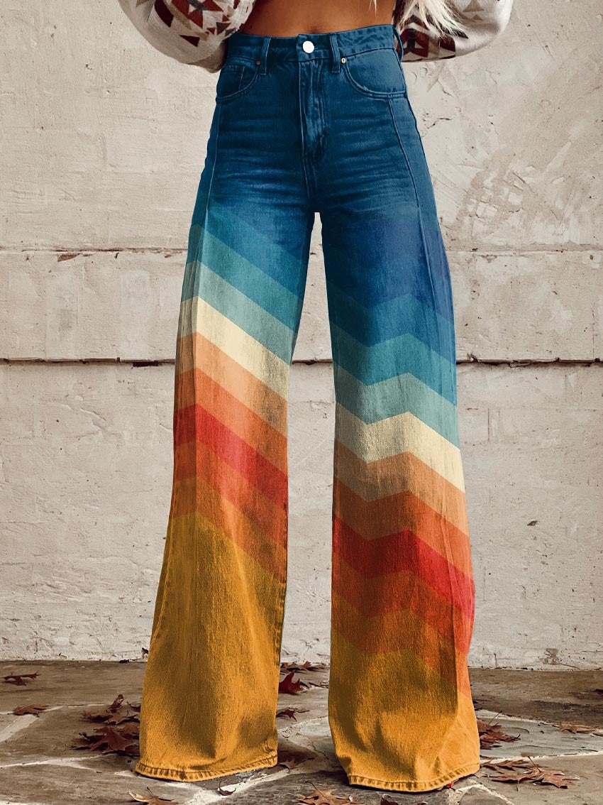 Pantalon rétro multicolore à chevrons, poches denim, coupe large