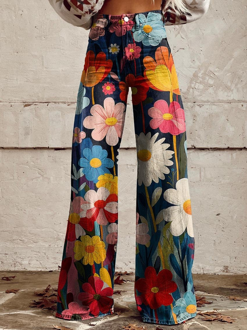 Pantalon ample floral multicolore à taille élastiquée, jambes longues évasées