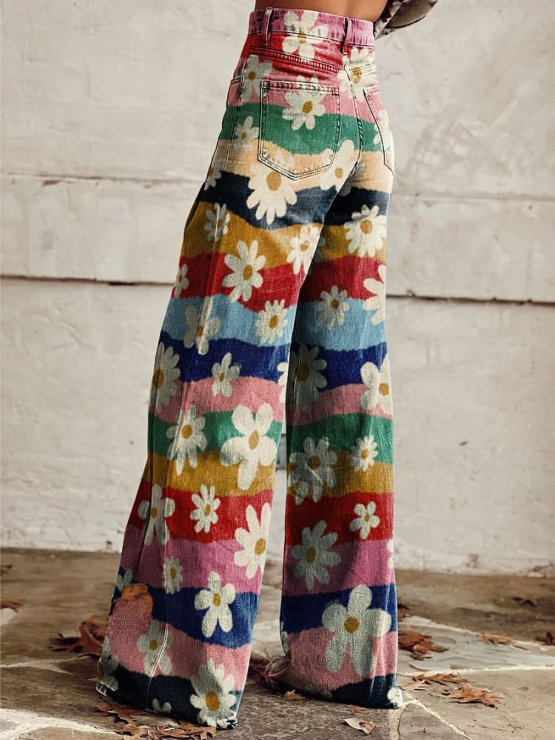 Pantalon chic ample à fleurs multicolores, taille élastique, jambes larges
