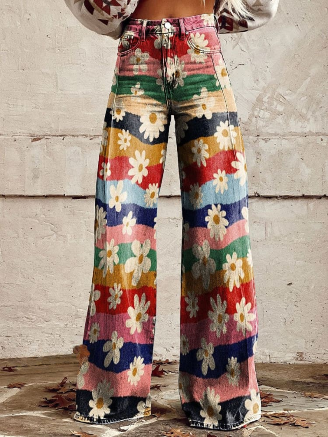 Pantalon chic à fleurs multicolores, taille froncée, jambes larges, style évasé