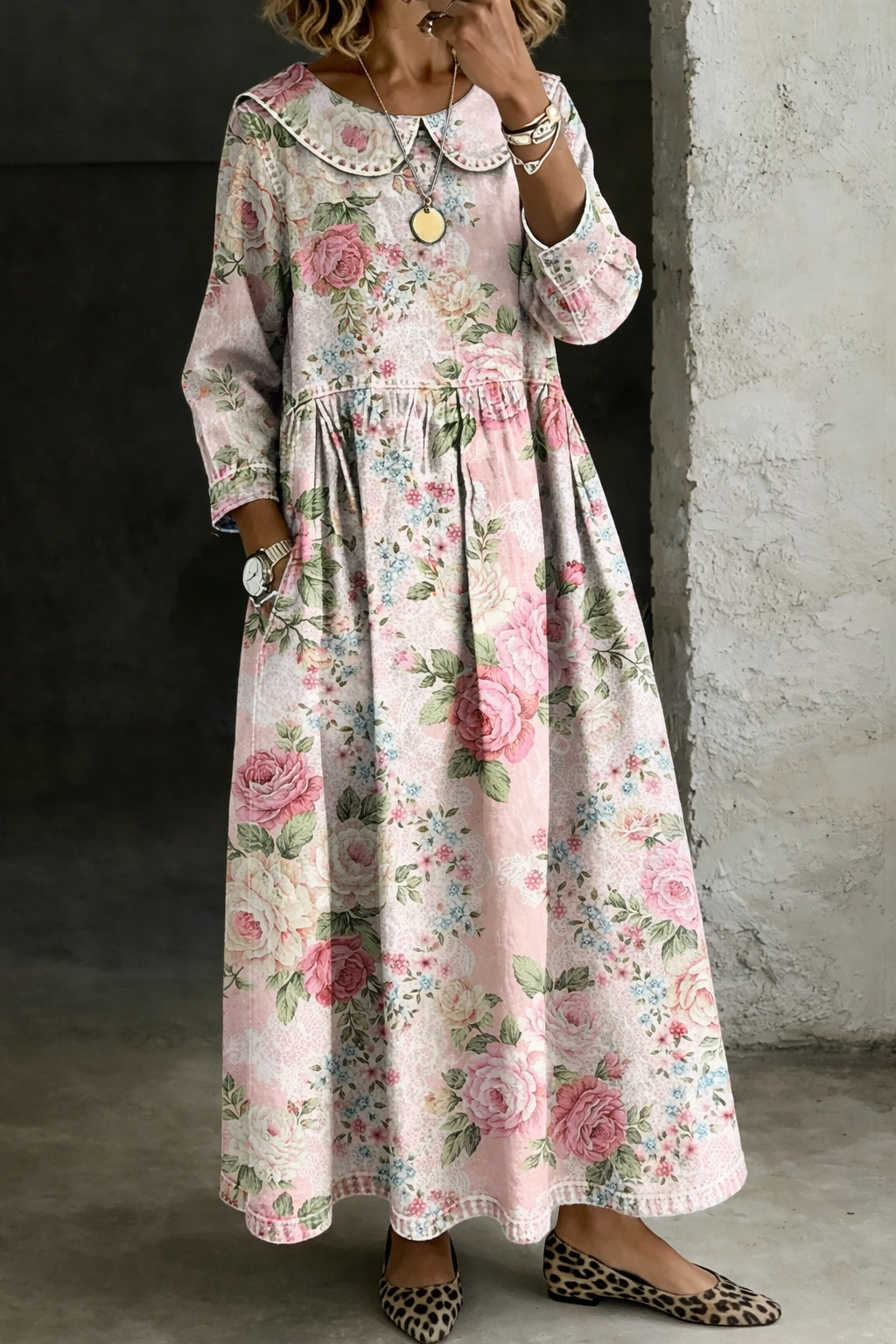 Robe longue en denim, col fleuri, imprimé roses multicolores, manches longues