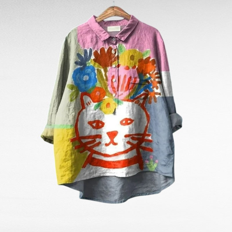 Chemisier d’été multicolore imprimé chat, col à boutons, manches longues