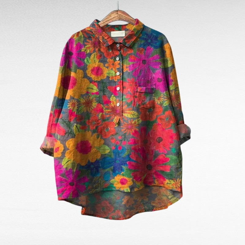 Chemisier en lin multicolore à fleurs, manches courtes, col boutonné et patte de boutons