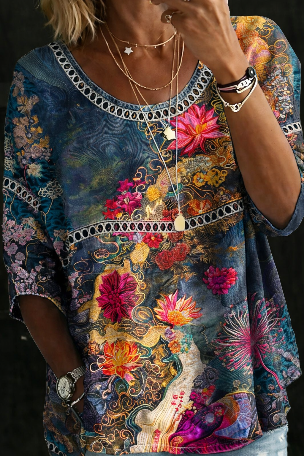 Blouse en jean vintage multicolore, encolure en V à dentelle, manches 3/4