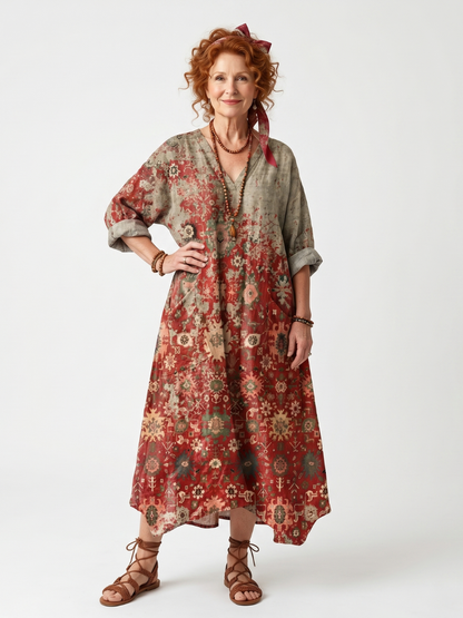 Robe midi Safran à motifs multicolores, manches 3/4 et poches, coupe ample